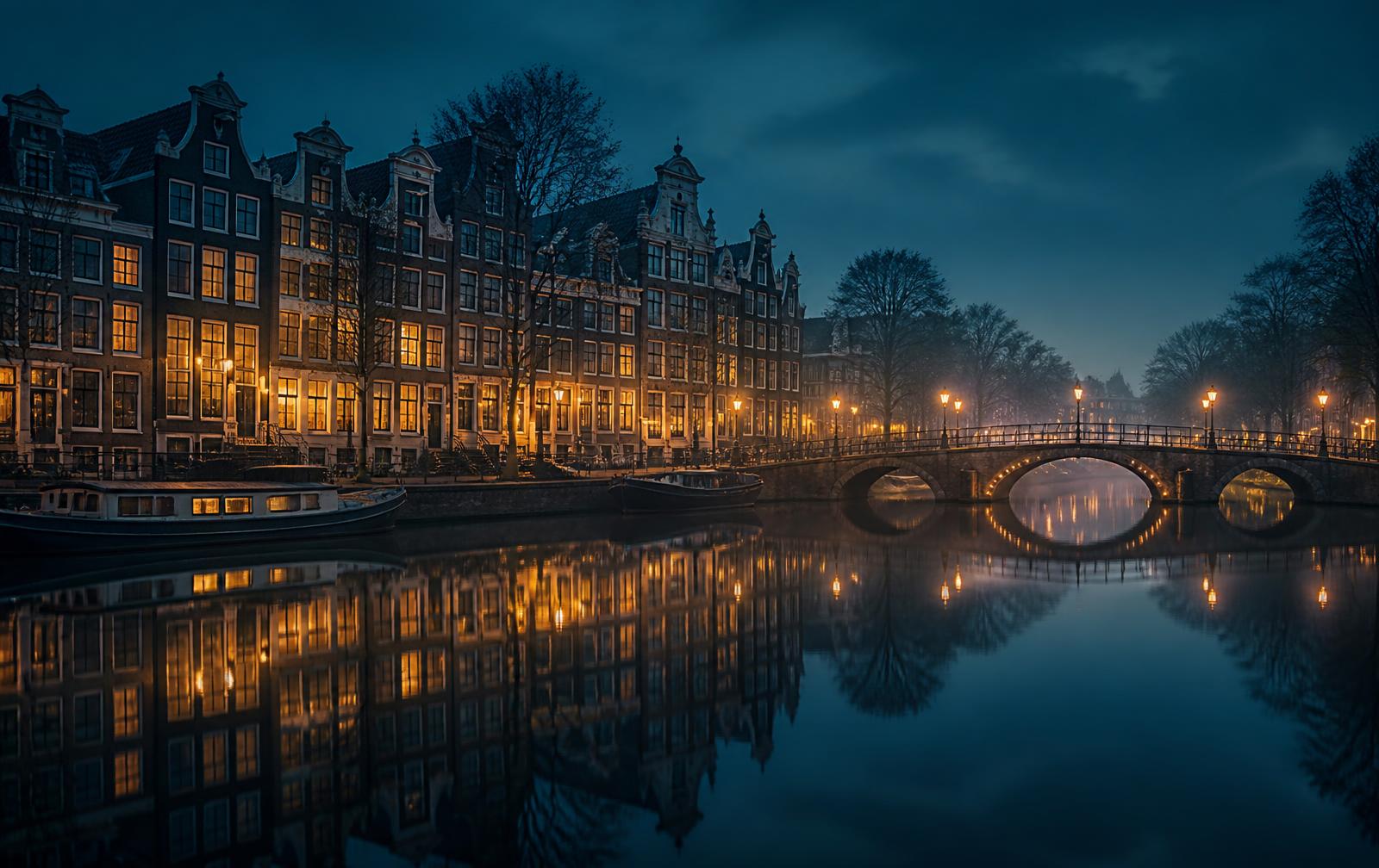 A quiet Dutch canal at blue hour
