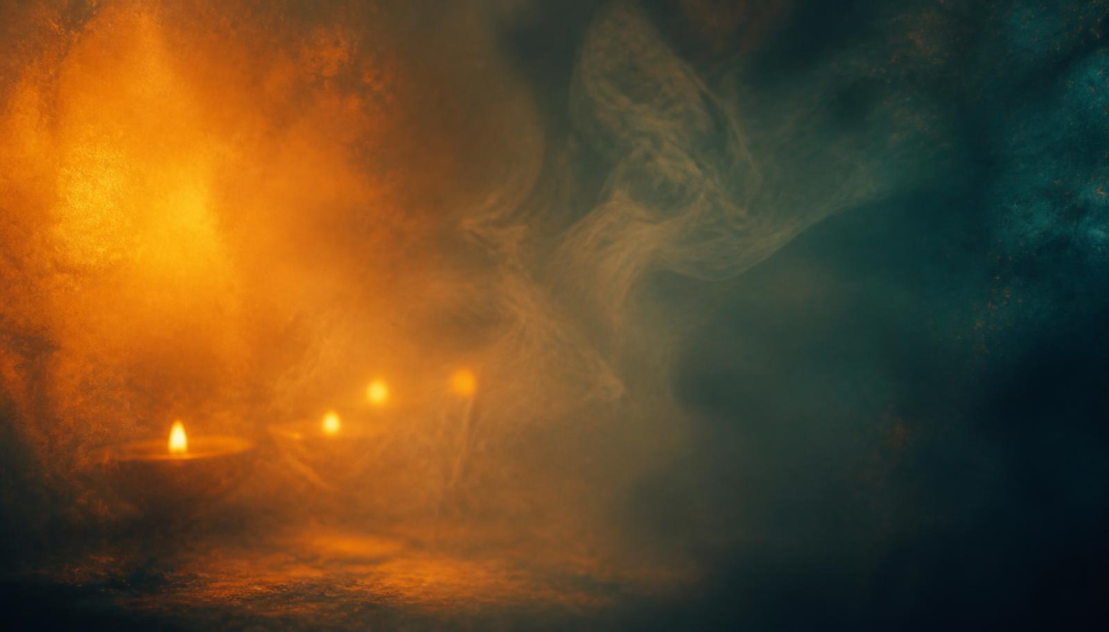 Oil lamps glowing through incense haze